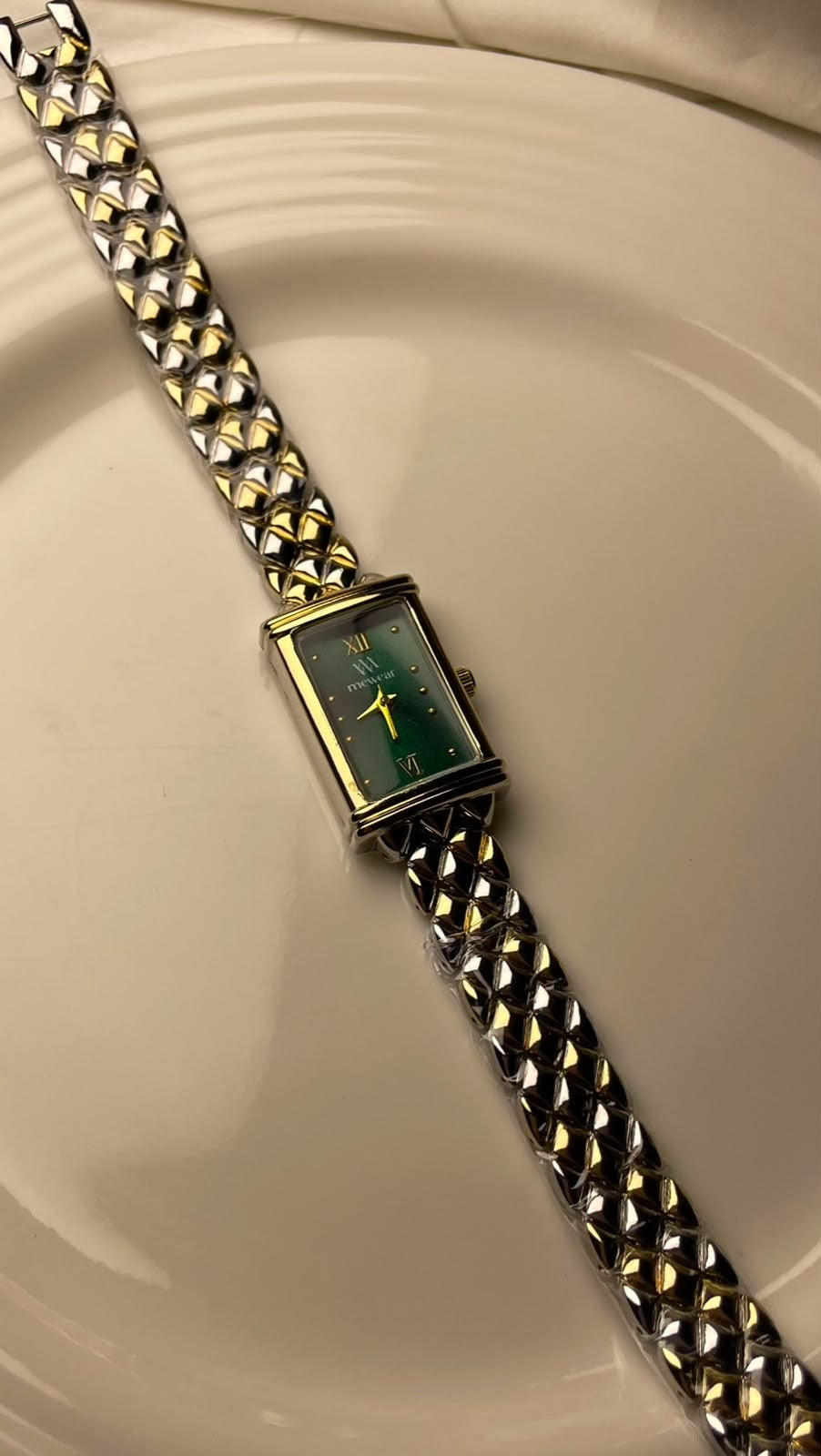 Gold & Silver Woven Chain Watch, emrald green