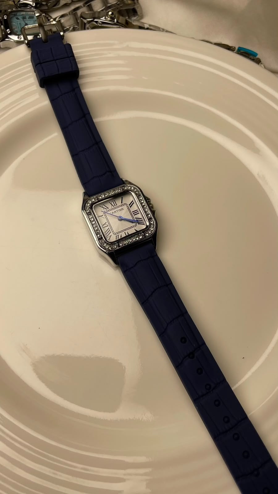 Diamond Bezel Square Watch with Navy Blue Crocodile Leather Strap