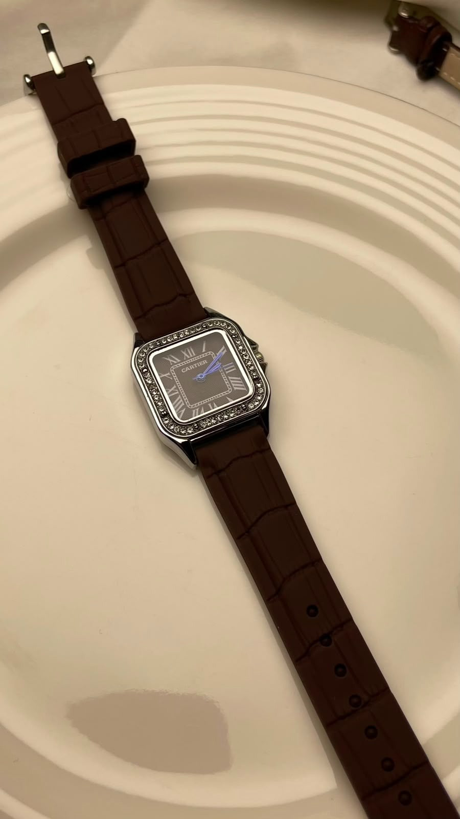 Diamond Bezel Square Watch with Dark Brown Crocodile Leather Strap