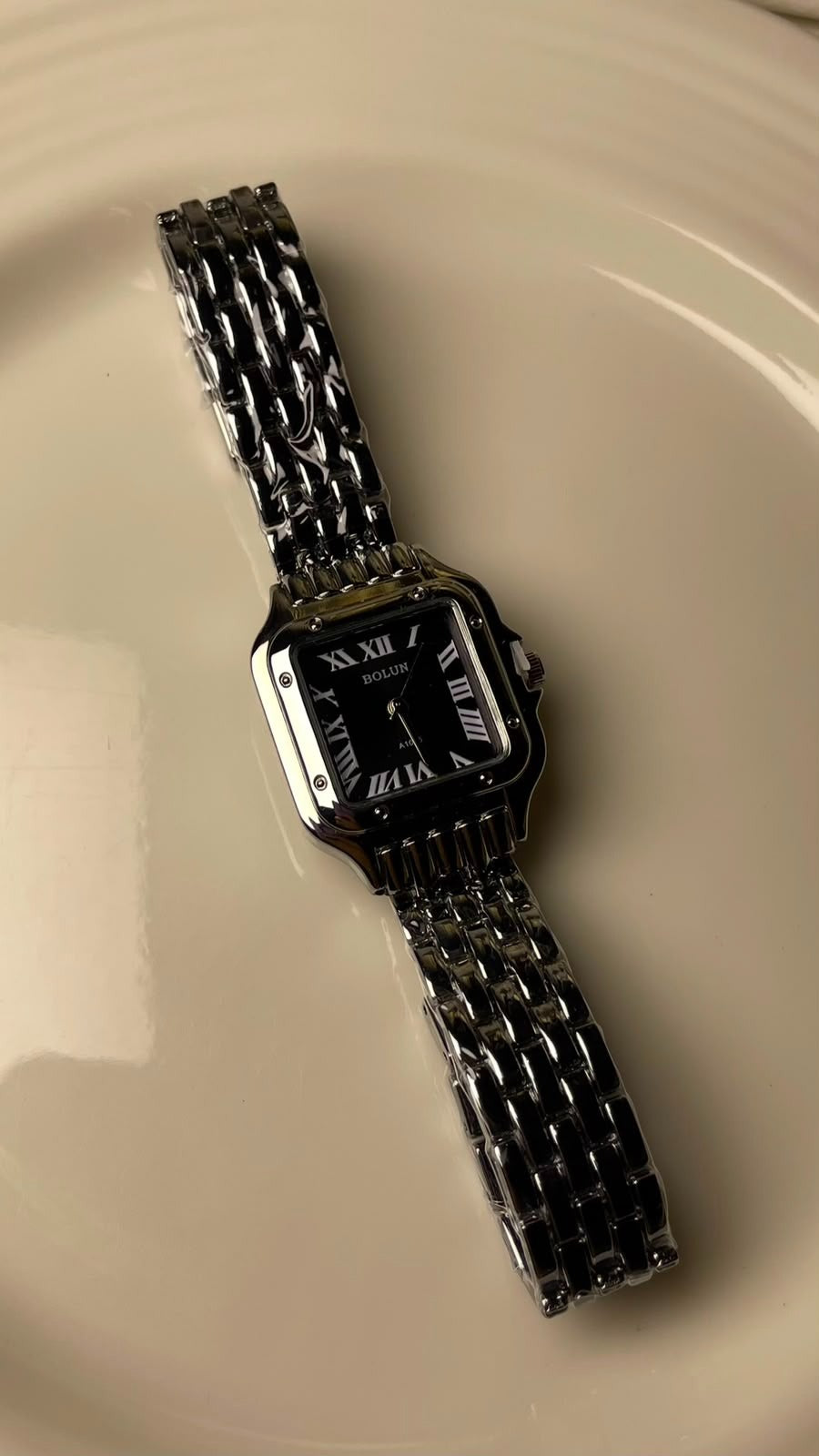 Silver Square Watch – Black Roman Dial