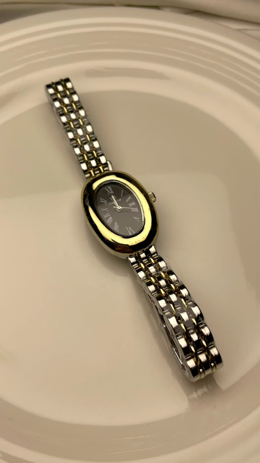 Two-Tone Oval Baignoire Watch – Charcoal Grey Dial