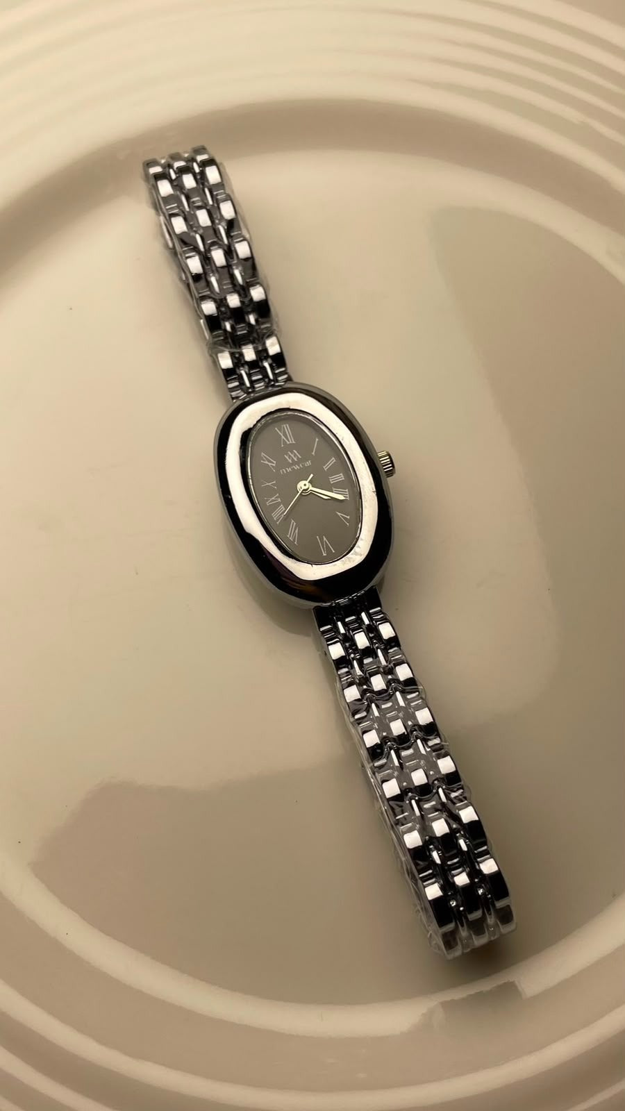 Silver Oval Baignoire Watch – Charcoal Grey Dial