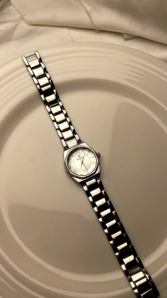 Silver Hexagon Watch – Pearl White Dial