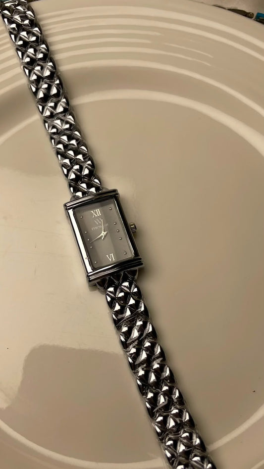 Silver Woven Chain Bracelet Watch-Charcoal Grey Dial