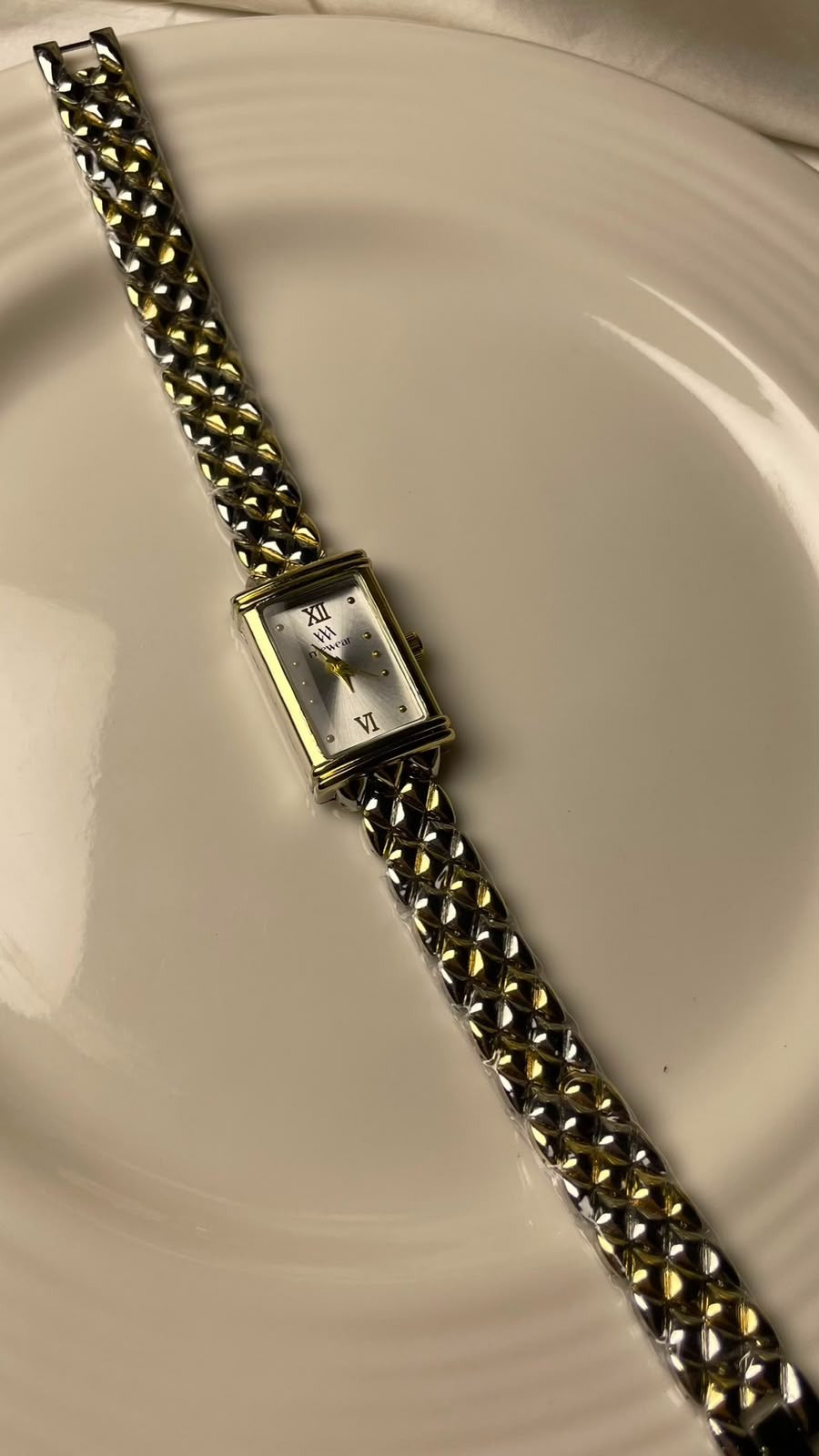Two-Tone Slim Tank Watch – Silver Sunray Dial