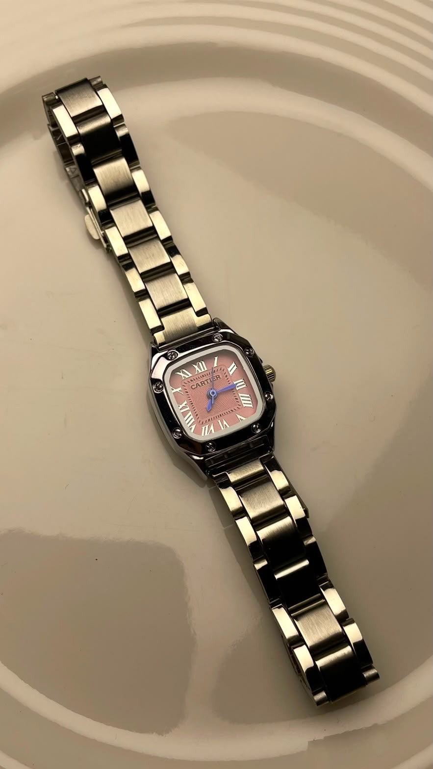 Square Dial Watch – Dusty Rose & Metallic Blue Hands