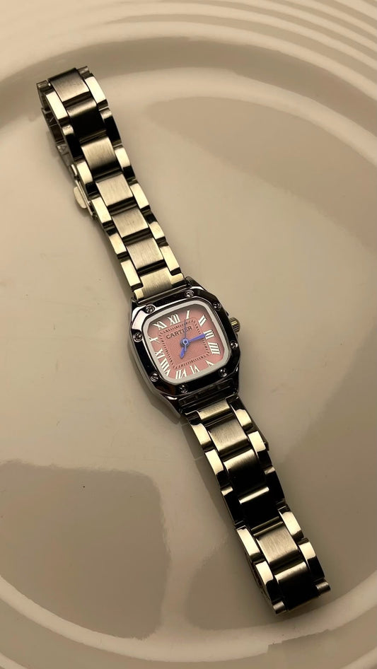 Square Dial Watch – Dusty Rose & Metallic Blue Hands