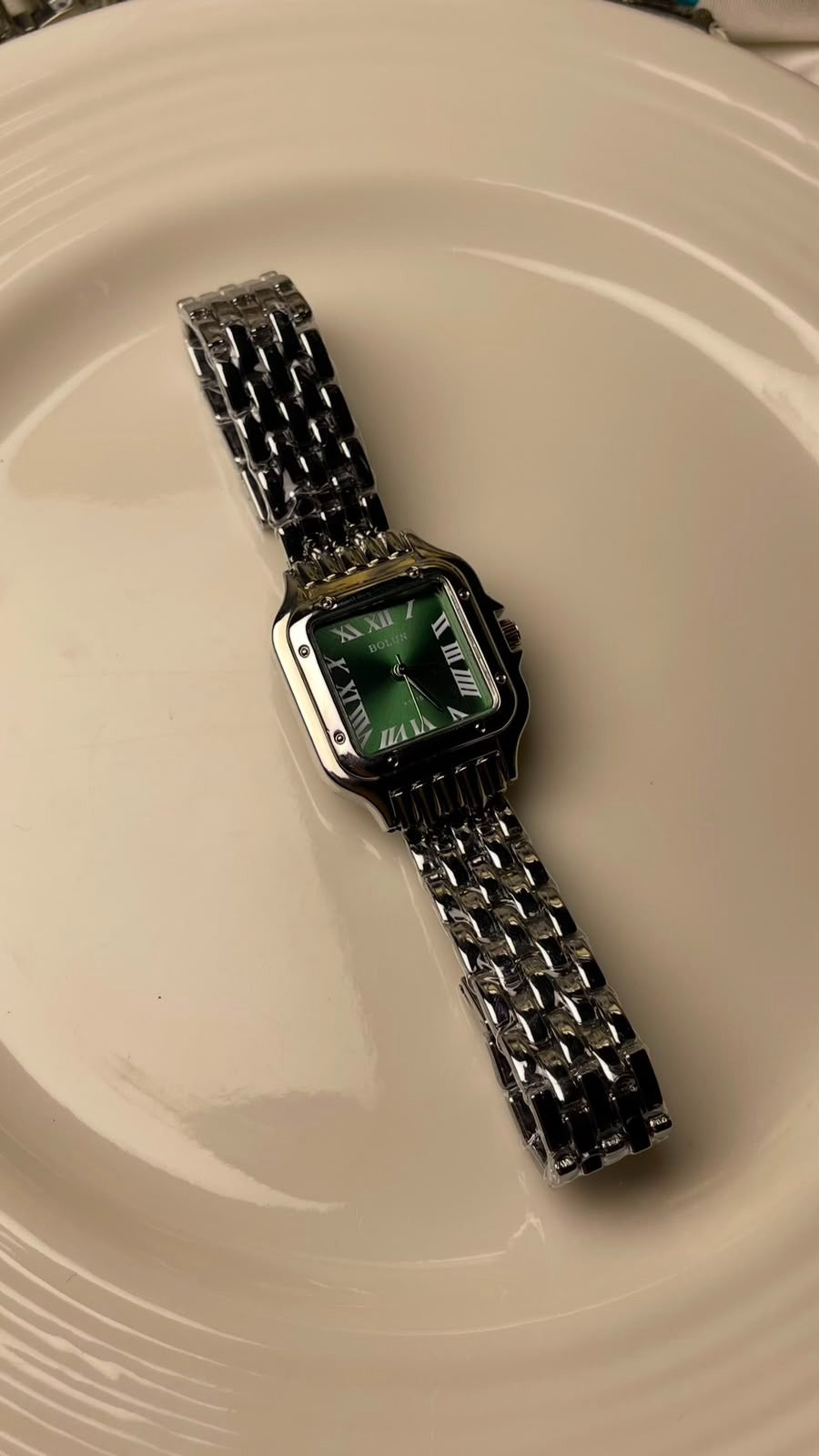 Silver Square Watch – Emerald Green Dial