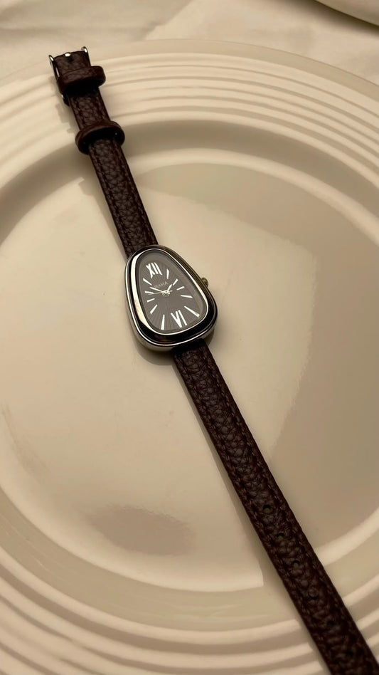 Vintage Asymmetric Drop Watch with Champagne Dial & Black Leather Strap