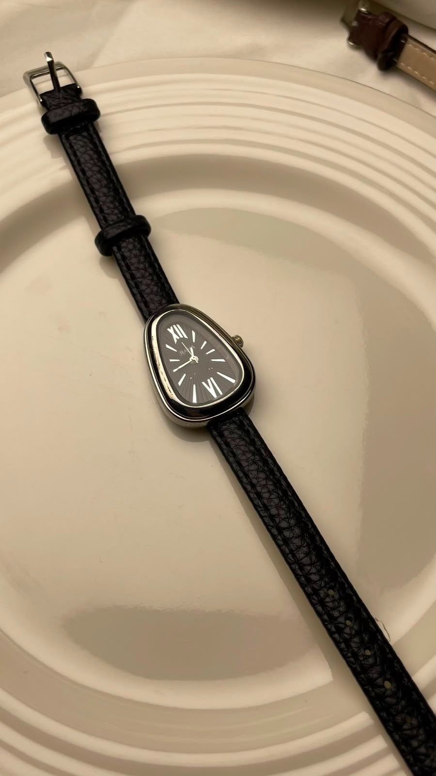 Vintage Asymmetric Drop Watch with Black Sunburst Dial & Leather Strap