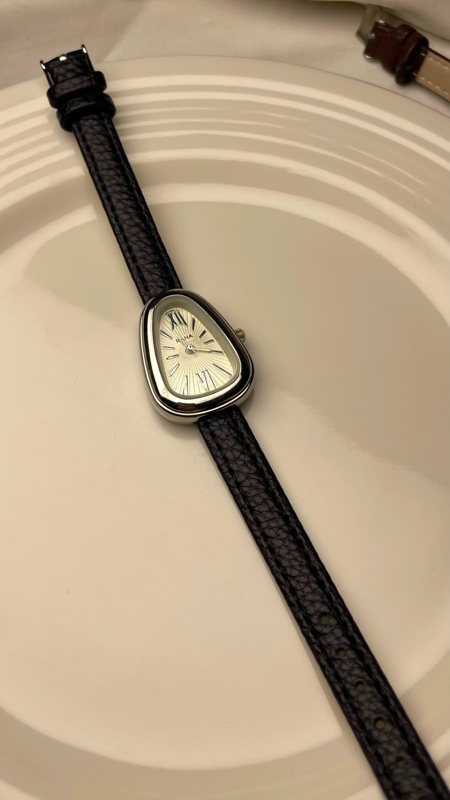 Vintage Asymmetric Drop Watch with Textured Black Leather Strap