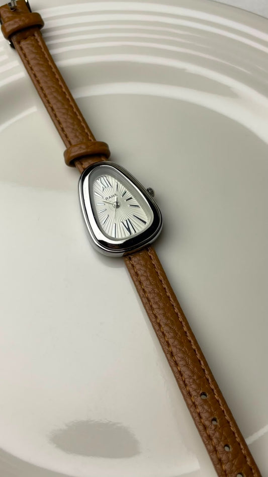 Women’s Serpent Head Case Quartz Watch – Silver & Cognac Tan
