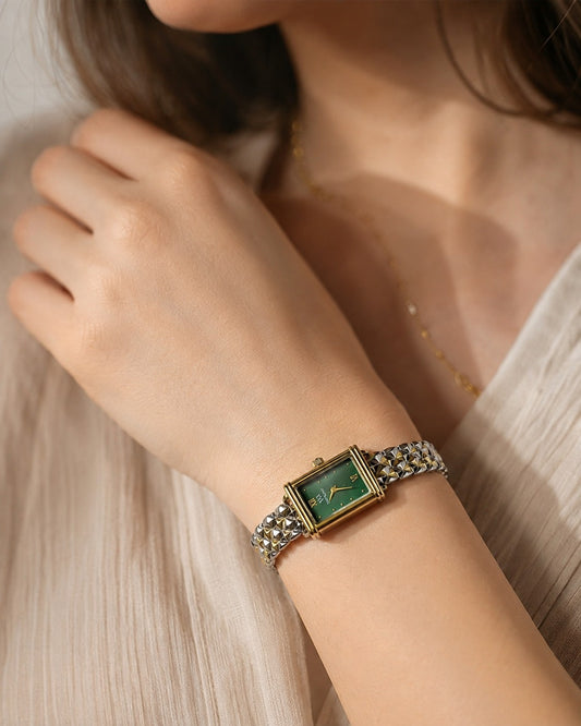 Gold & Silver Woven Chain Watch, emrald green